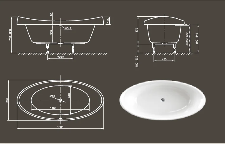 Ванна акриловая Knief Venice Fit 0400-283 180 х 84 см с ножками (детальная фотография), акриловые