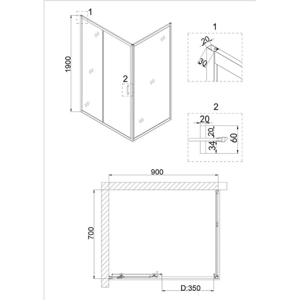 Душевой уголок Niagara Nova 90x70 см профиль хром NG-62-9A-A70 (детальная фотография), прямоугольные