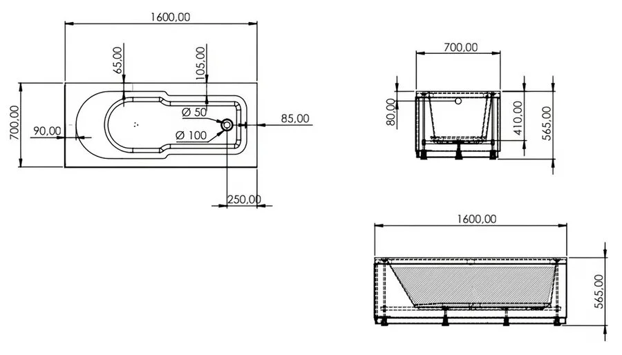 Ванна акриловая Artemis Flora 10110300201028 160 x 70 см, белый (детальная фотография), акриловые