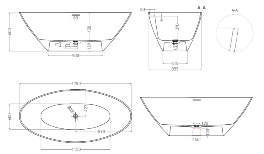 Ванна из искусственного камня Salini Diva 178x85,5 см белая глянцевая 102211G (детальная фотография), литьевой мрамор