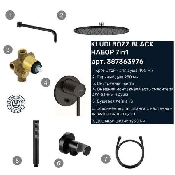 Душевой комплект Kludi Bozz с внутренней частью черный матовый 387363976 (детальная фотография), современные, hi-tech