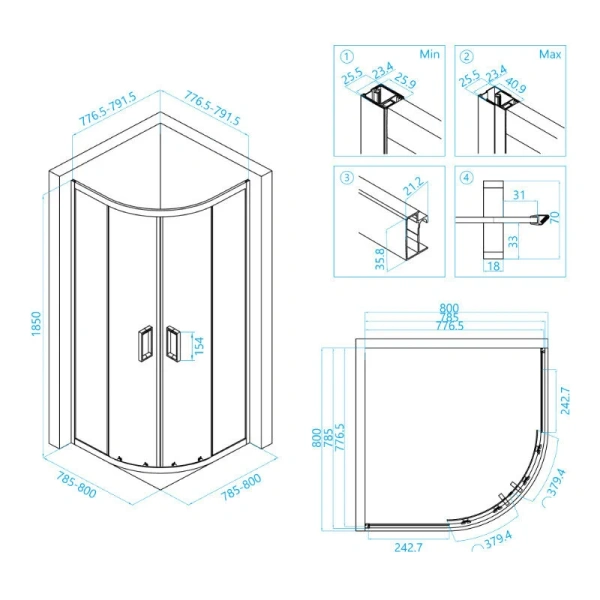 Душевой уголок RGW Classic CL-54 80х80 см прозрачное стекло, профиль хром 32095488-11 (детальная фотография), полукруглые, четверть круга