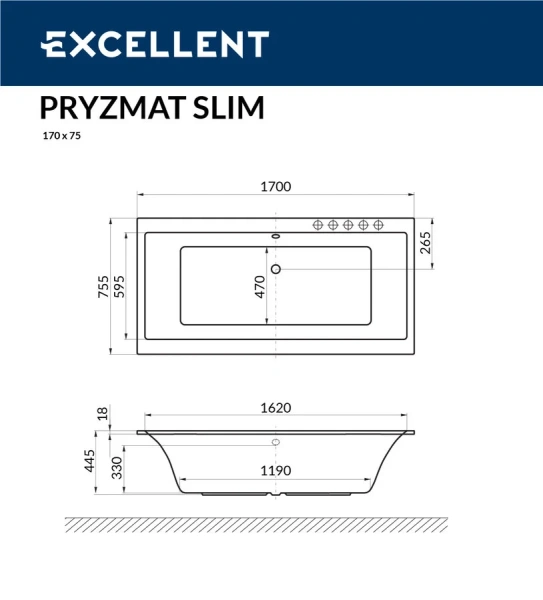 Ванна акриловая Excellent Pryzmat Slim 170 х 75 см WAEX.PRY17WHS (детальная фотография), приставные, встраиваемые