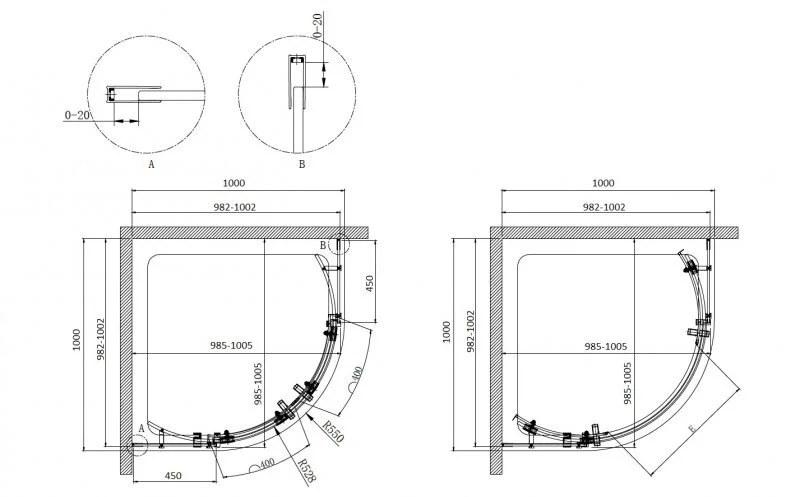 Душевой уголок Cezares Stylus 100x100 см профиль хром стекло прозрачное STYLUS-O-M-R-2-100-C-Cr (детальная фотография), 100х100