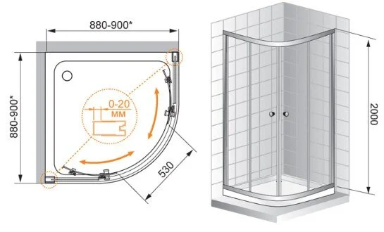Душевой уголок Cezares Anima 90x90 см прозрачное стекло ANIMA-W-R-2-90-C-Cr-IV (детальная фотография), полукруглые, четверть круга