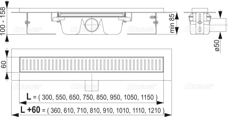 Душевой лоток Alcaplast APZ 65 см стандартный сифон APZ1S-650 (детальная фотография), для монтажа в пол