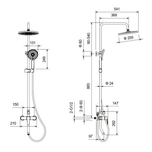 Душевая стойка Акватек Лугано оружейная сталь AQ2740BGM (детальная фотография), с тропическим душем