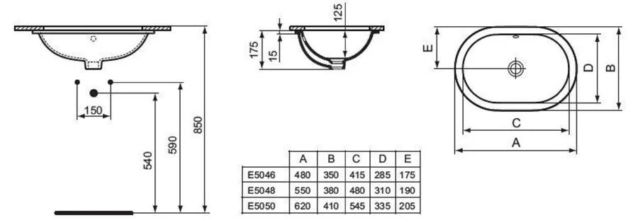Раковина Ideal Standard Connect 62 см овальная, встраиваемая под столешницу E505001 (детальная фотография), встраиваемые (в столешницу), пристенные