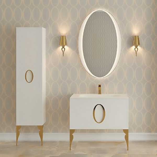 Тумба без раковины с 2 ножками, белая 85см. Фурнитура ЗОЛОТО La Beaute KANTAL B85K1OR (детальная фотография), по запросу