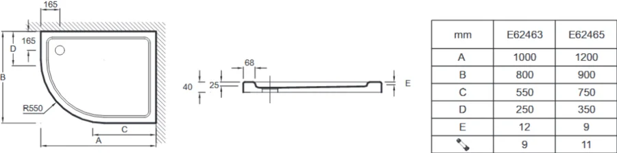 Душевой поддон Jacob Delafon Flight 100x80 см правый E62463-00 (детальная фотография), низкие до 15 см