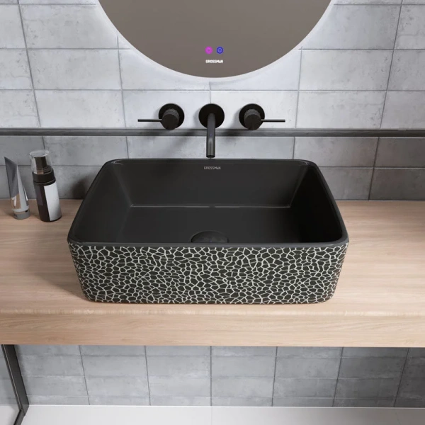 Раковина Grossman Color 48 см черная с текстурой кожи GR-3016BBL (детальная фотография), накладные (на столешницу)