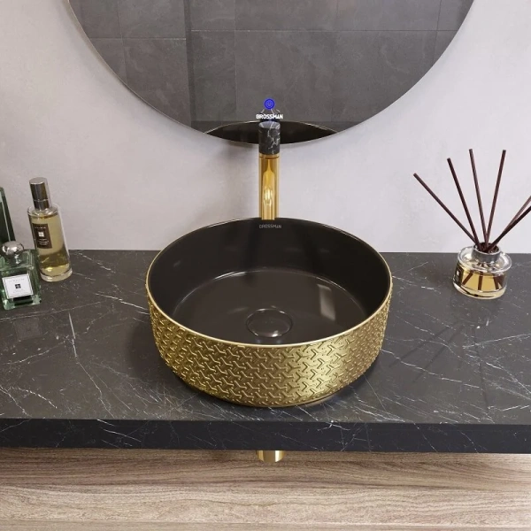 Раковина Grossman Color 35.5 см золото/черная с геометричной текстурой GR-5010GBR (детальная фотография), другие