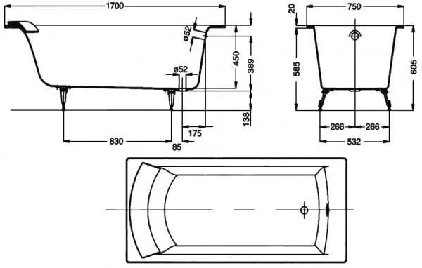 Ванна чугунная Jacob Delafon Biove 170х75 см без отверстий для ручек, с антискользящим покрытием E2930-00 (детальная фотография), чугунные