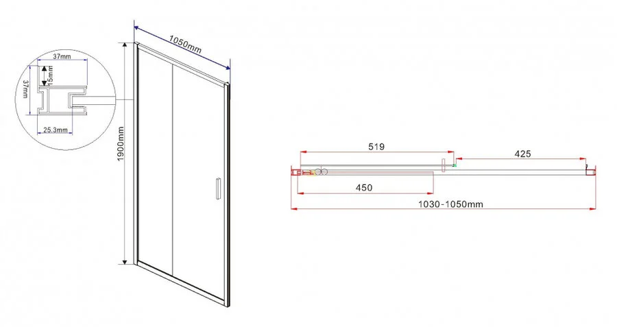 Душевая дверь в нишу Vincea Garda 105 см стекло прозрачное VDS-1G105CL (детальная фотография), современные, hi-tech