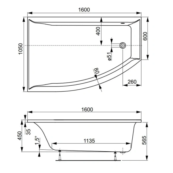 Ванна акриловая Vagnerplast Veronela Offset 160×105 см левая VPBA160VEA3LX-04 (детальная фотография), акриловые