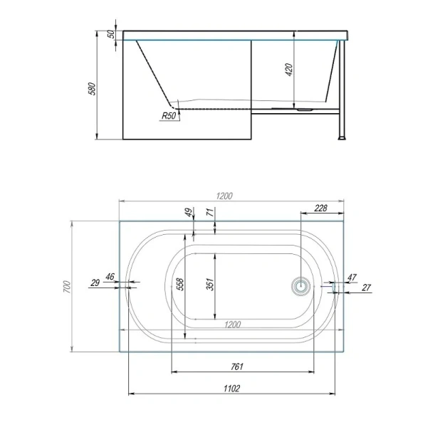 Ванна акриловая Timo Roha 120x70 см белая ROHA1270 (детальная фотография), 120x70 см