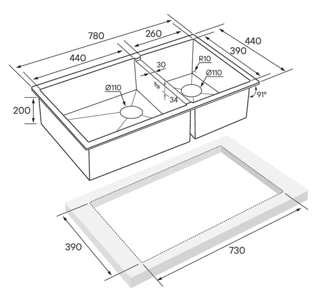 Мойка для кухни Paulmark Axel 78 см вороненая сталь PM227844-GM (детальная фотография), врезные