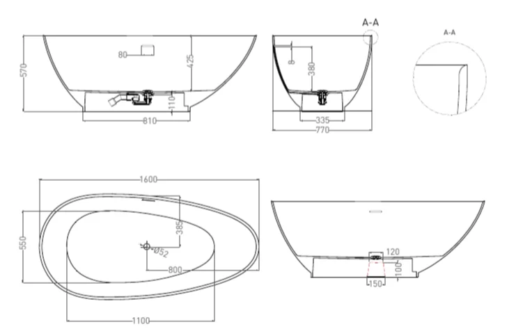 Ванна из искусственного камня Salini Paola 101511 160x77 см отдельностоящая (детальная фотография), литьевой мрамор