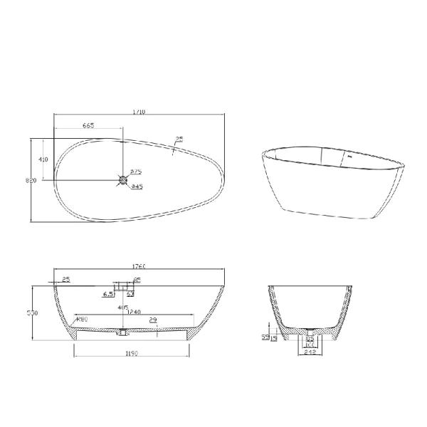Акриловая ванна Timo RALI1700, 170 х 80 см, цвет белый (детальная фотография), современныe, hi-tech