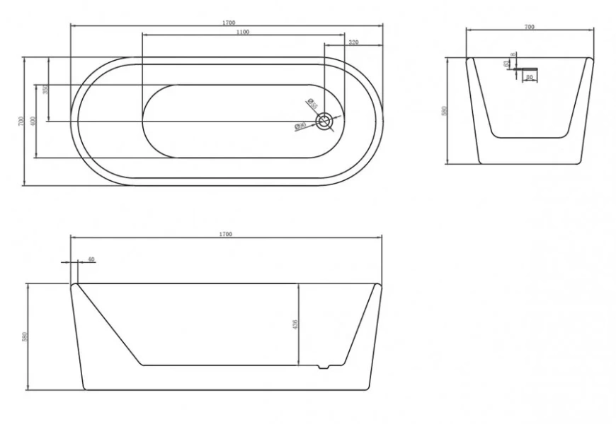 Акриловая ванна Abber 170х70 см без гидромассажа AB9272-1.7 (детальная фотография), акриловые
