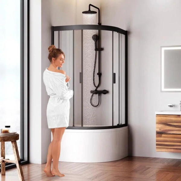 Душевой уголок Am.Pm Gem 90х90 см профиль черный матовый W90G-401A090BT (детальная фотография), с высоким, глубоким поддоном