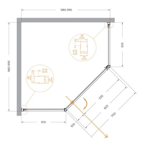 Душевой уголок Cezares Eco 100x100 см без поддона стекло прозрачное ECO-O-P-1-100-C-Cr (детальная фотография), многоугольные