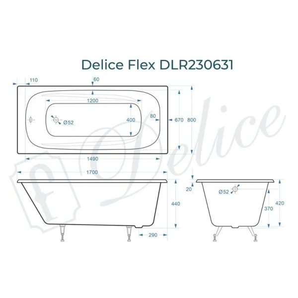 Ванна чугунная Delice Flex DLR230631, 170 х 80 см, без покрытия, без ручек, цвет белый (детальная фотография), чугунные