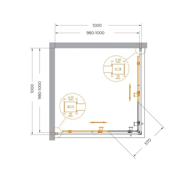 Душевой уголок Cezares Relax 100x100 см профиль хром стекло прозрачное RELAX-304-A-2-100-C-CR (детальная фотография), квадратные