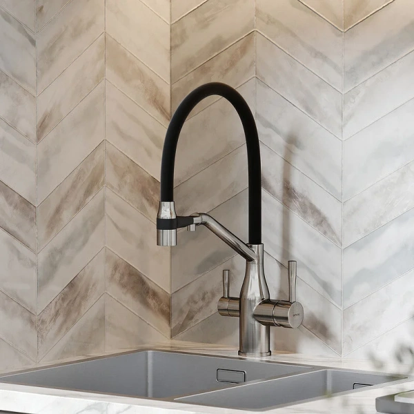 Смеситель для кухни Sancos Orta никель SC4008BN (детальная фотография), высокие, из латуни, округлая форма, для питьевой воды с фильтром