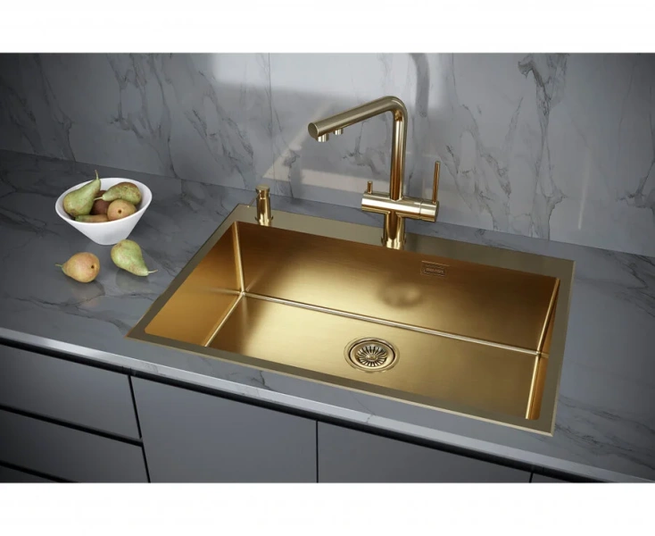 Мойка для кухни Paulmark Kroner-Edge 75 см брашированное золото PM777551-BG (детальная фотография), из нержавеющей стали, стальные, металлические