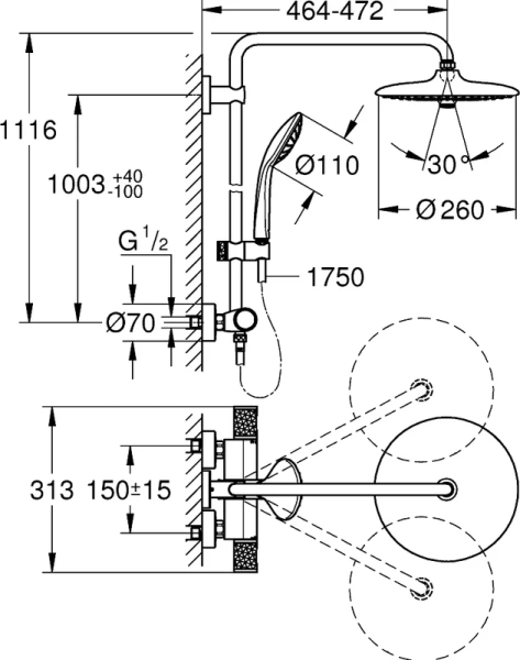 Душевая стойка Grohe Euphoria с термостатом 27615002 (детальная фотография), без излива
