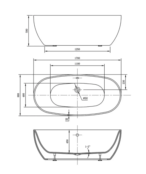 Ванна акриловая Vincea 170x80 см белая VBT-405-1700 (детальная фотография), современныe, hi-tech