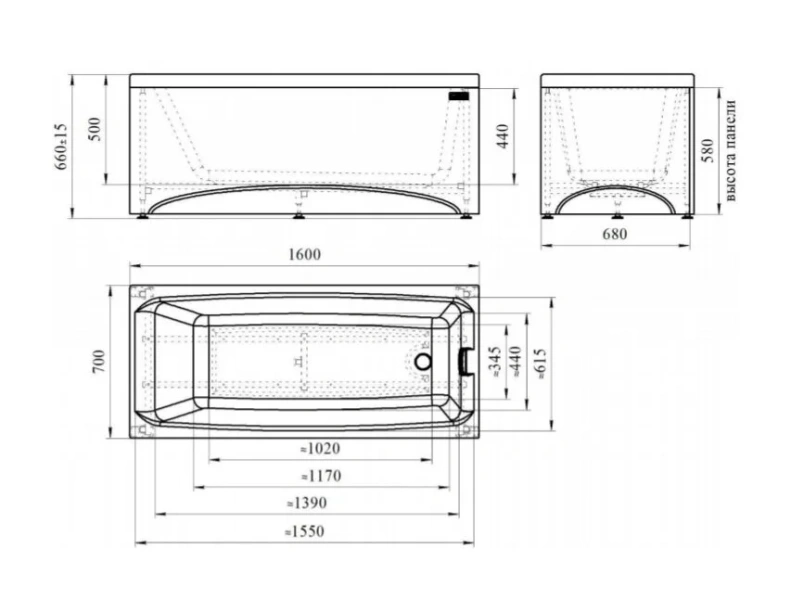 Ванна акриловая Vannesa Веста 160 х 70 см, прямоугольная с каркасом, белая, 2-01-0-0-1-242Р (детальная фотография), акриловые
