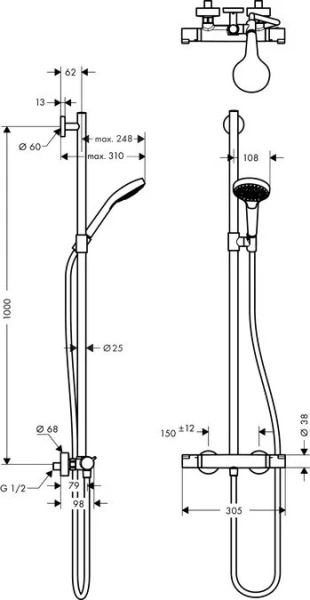 Душевой комплект Hansgrohe Croma Select S с термостатом 27247400 (детальная фотография), душевые комплекты, наборы