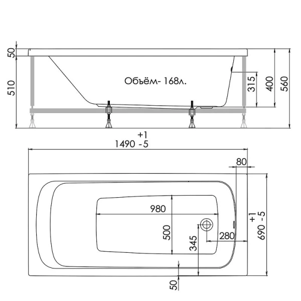 Ванна акриловая 1ACReal Gamma 150, 150 х 70 см, белая, BBA-GA157X0-00U Щ0000023533 (детальная фотография), без гидромассажа, недорогие
