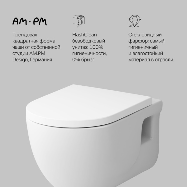 Унитаз подвесной Am.Pm Like с сиденьем микролифт C801701SC (детальная фотография), фарфор, керамика