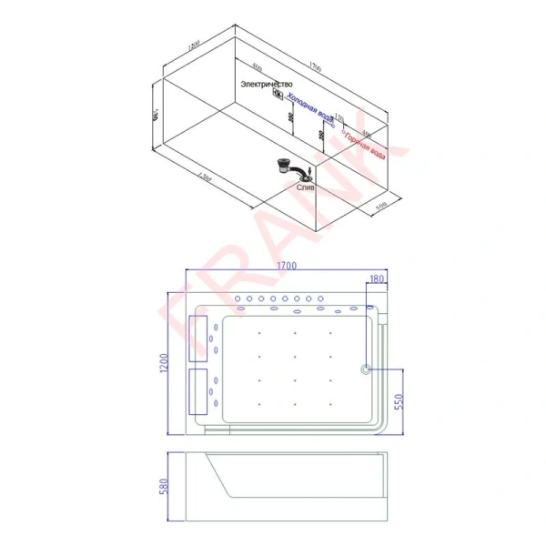 Ванна гидромассажная Frank F101L/R, левая/правая, пристенная, 170 x 80 x 60 см, 201759000/201759001 (детальная фотография), 170х80