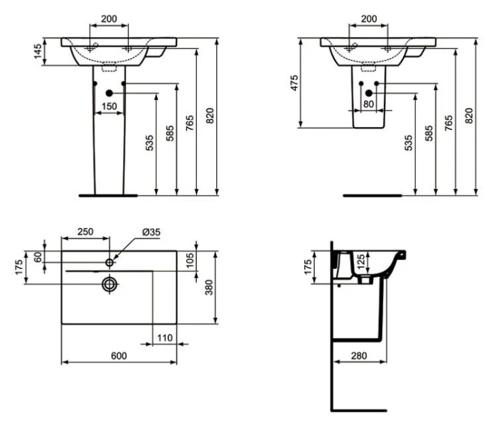 Раковина Ideal Standard Connect Space 60 см правая E136601 (детальная фотография), современные, hi-tech