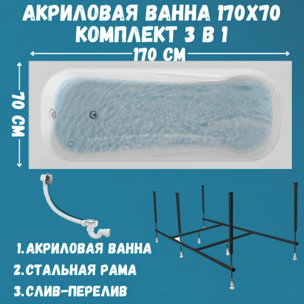 Ванна акриловая 1MarKa Classic 01кл1770Акс2+, 170 x 70 см, цвет белый (детальная фотография), белые