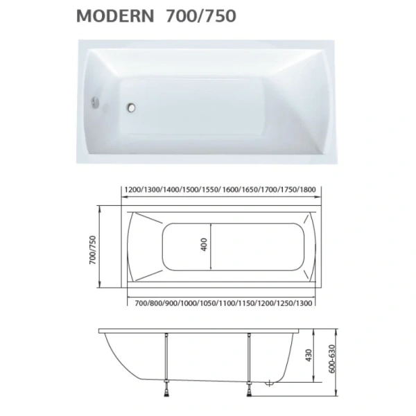 Ванна акриловая 1MarKa Modern 01мод1270кс1, 120 x 70 см, цвет белый (детальная фотография), современныe, hi-tech