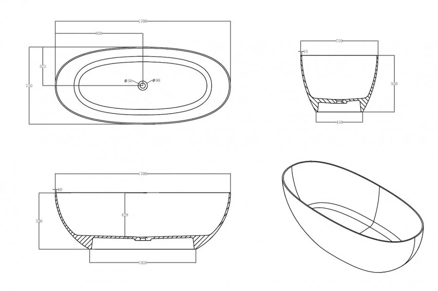 Ванна из полиэфирной смолы Abber Kristall 170x75 см коричневая AT9703Opal (детальная фотография), современныe, hi-tech