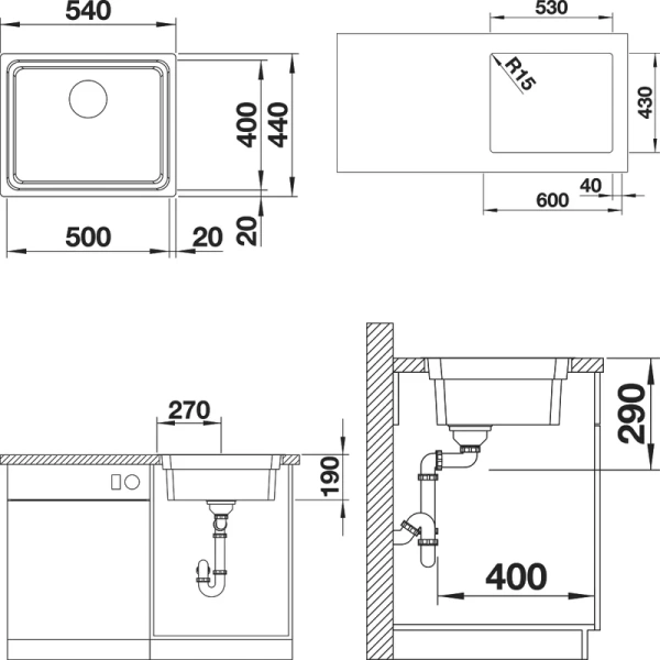 Мойка для кухни Blanco Etagon 500-IF 54 см нержавеющая сталь 521840 (детальная фотография), прямоугольной формы