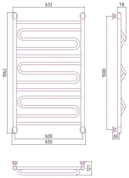 Полотенцесушитель водяной Сунержа Элегия+ 0205-1060 60х100 см настенный (детальная фотография), современные, hi-tech