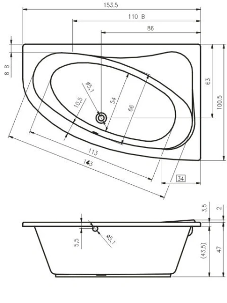 Ванна гидромассажная Riho Lyra 153 x 100 см, FLOW, левая/правая BA6700500000000_FLOW (детальная фотография), акриловые