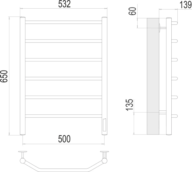Полотенцесушитель электрический Terminus Виктория П6 500х650 с терморегулятором 4670078531193 (детальная фотография), современные, hi-tech