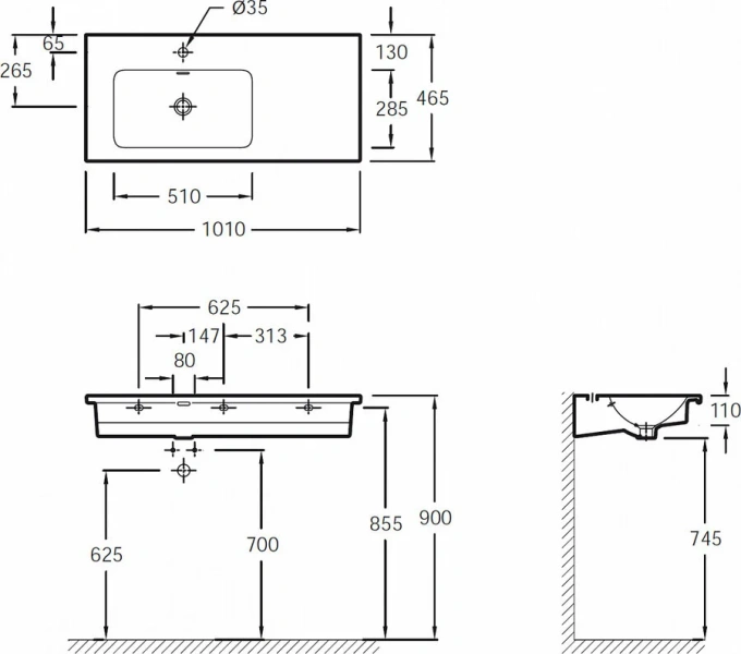Раковина Jacob Delafon Vox 101 см подвесная EXAC112-00 (детальная фотография), современные, hi-tech
