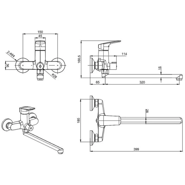 Смеситель для ванны Акватек Вега с длинным изливом хром AQ1042CR (детальная фотография), для ванны