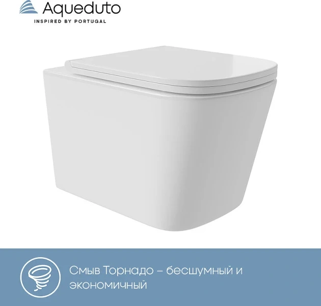 Унитаз подвесной Aqueduto MACIO Plus белый глянцевый MACT0210 (детальная фотография), недорогие, безободковые, сиденье с микролифтом , с антивсплеском
