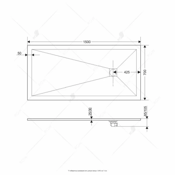 Душевой поддон RGW Stone Tray 16152715 150х70 см искусственный камень (детальная фотография), низкие до 15 см