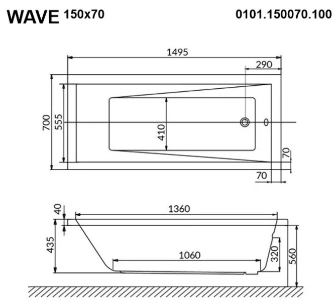 Ванна гидромассажная Whitecross Wave 150 x 70 см, ULTRA NANO, хром, белый, 0101.150070.100.ULTRANANO.CR (детальная фотография), акриловые